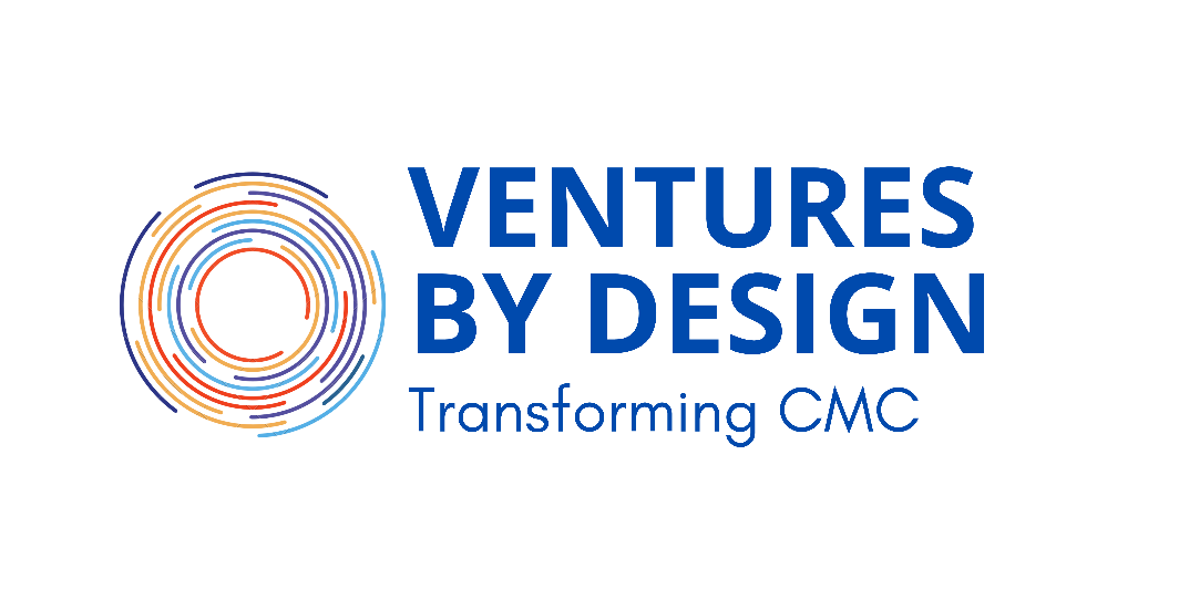 A logo with blue and orange circles